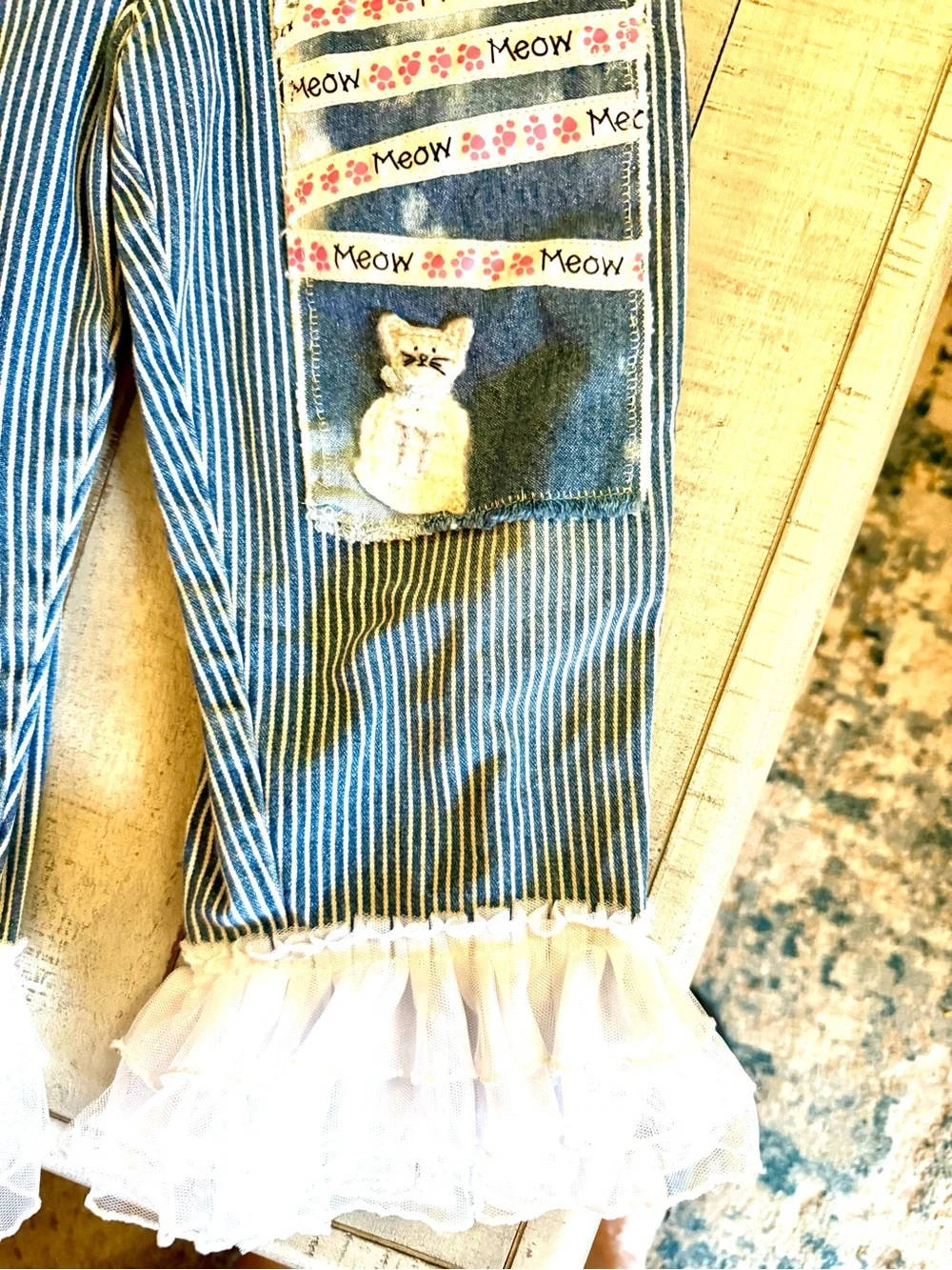 OshKosh B'gosh Blue & White Striped Cat Patch Ruffle Overalls